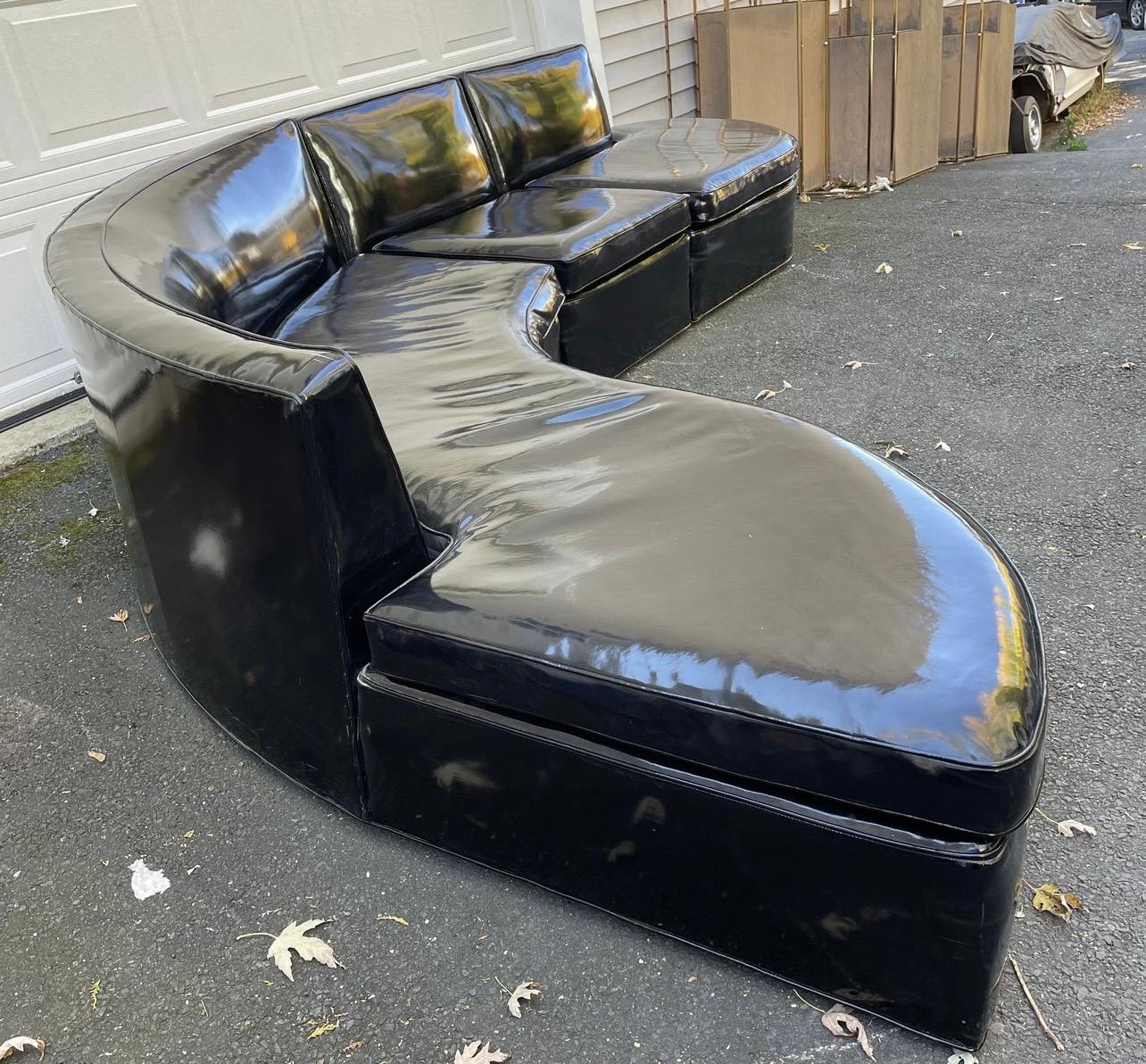 Late 20th Century Iconic Mid-Century Modern 1970s Serpentine Black Patent Leather Sectional Sofa