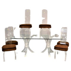 Iconic Mid-Century Modern Lucite X-Base Dining Room Set Table and Six Chairs