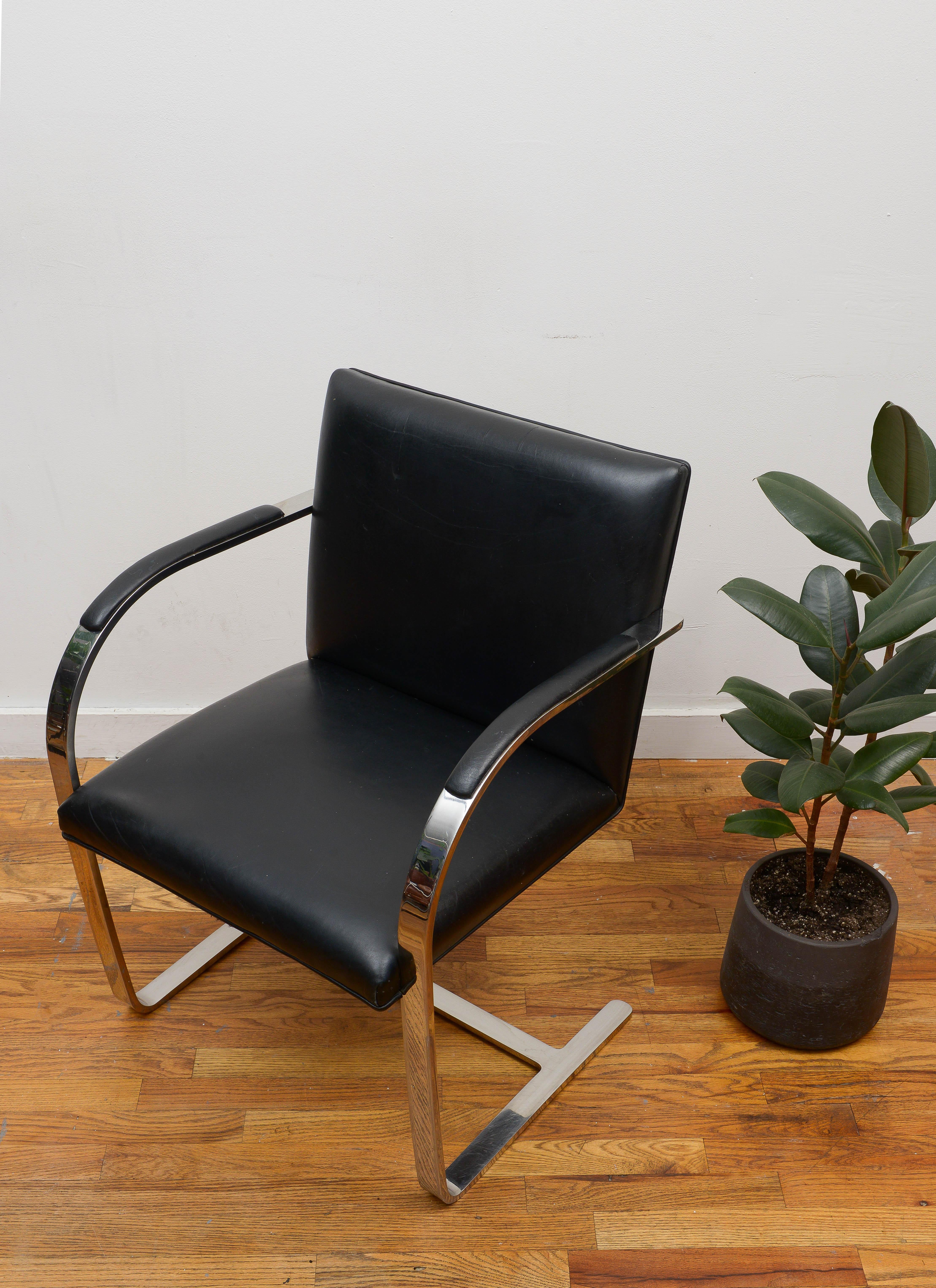 Plated Iconic Mies van der Rohe BRNO Flat Bar Chair in Black Leather, 1990s For Sale
