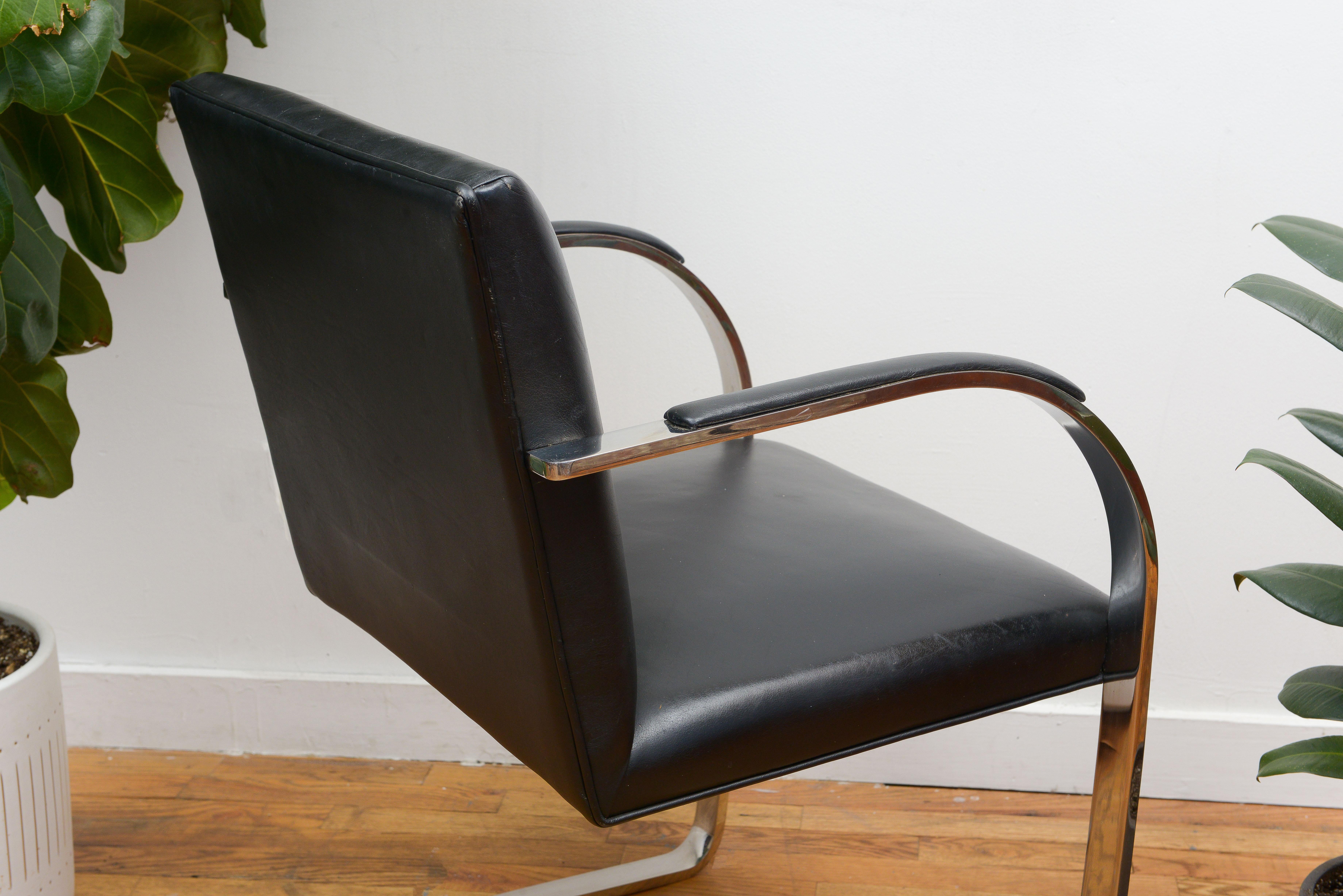 Stainless Steel Iconic Mies van der Rohe BRNO Flat Bar Chair in Black Leather, 1990s For Sale