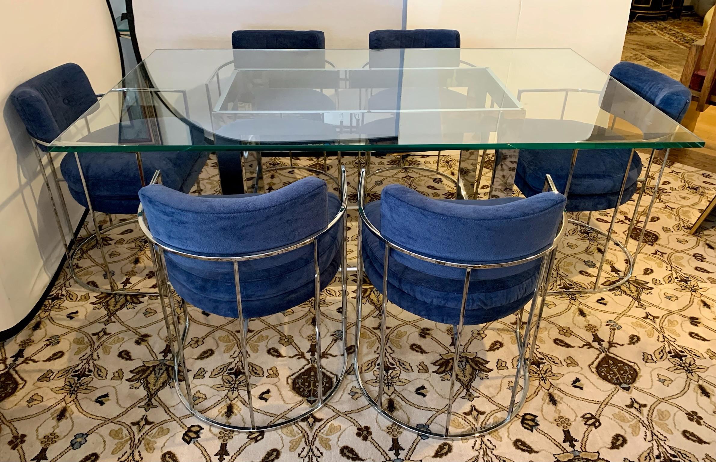 Magnificent, iconic Milo Baughman matching dining room set that meausures thick glass and chrome dining table in mint condition and gorgeous chairs that have original royal blue mohair fabric. Great scale and better lines. All dimensions are below