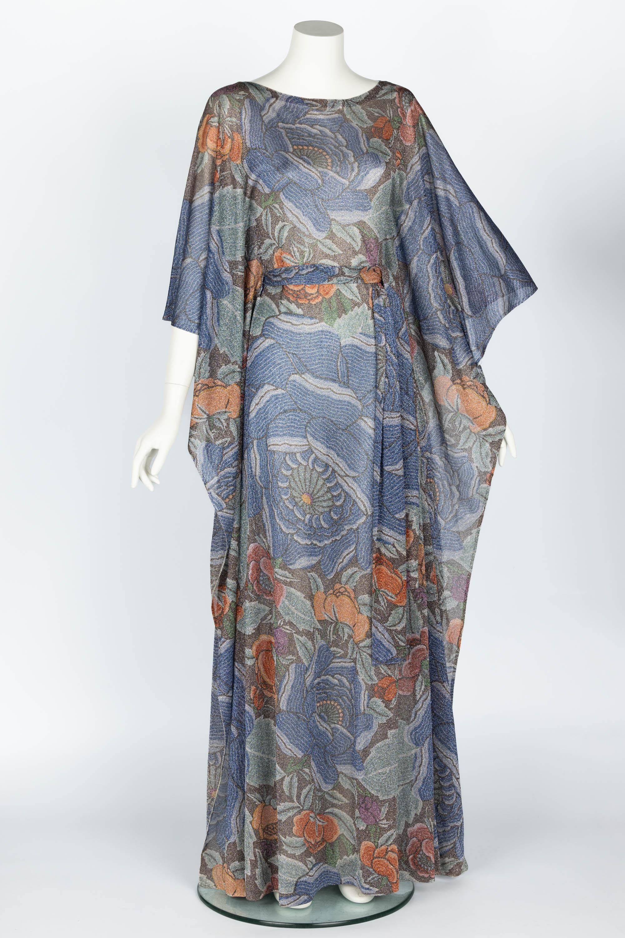 Iconic Missoni 1970s Floral Print Metallic Lurex Caftan Dress  In Excellent Condition For Sale In Boca Raton, FL