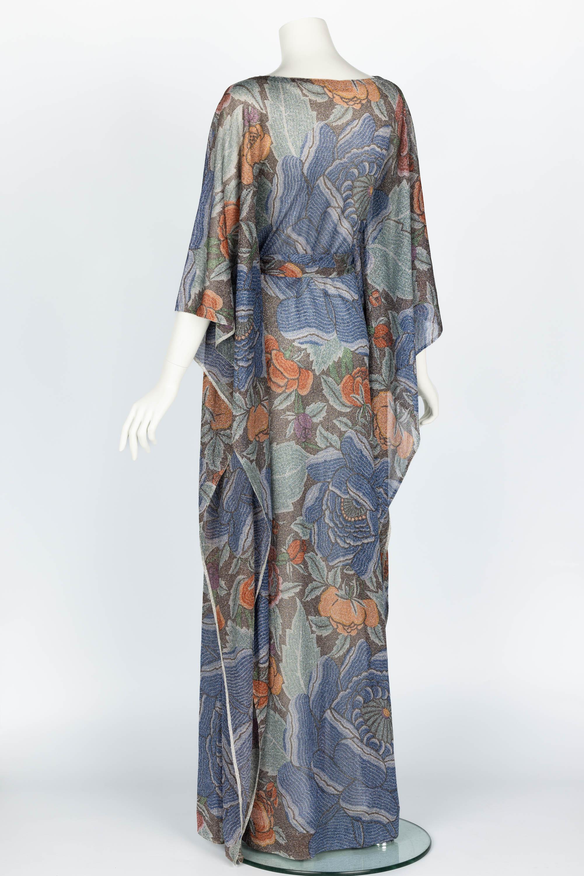 Iconic Missoni 1970s Floral Print Metallic Lurex Caftan Dress  For Sale 1