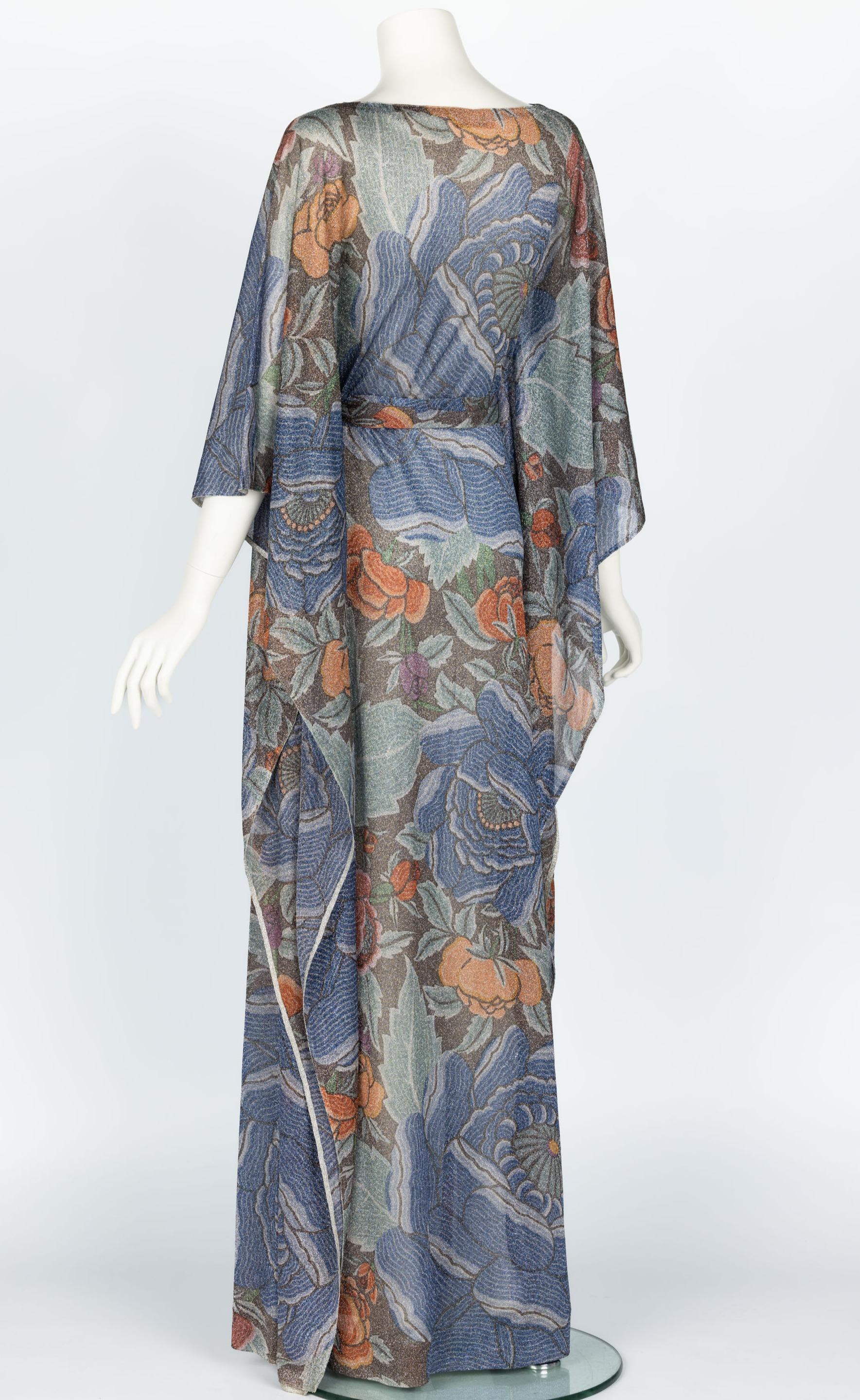 Iconic Missoni 1970s Floral Print Metallic Lurex Caftan Dress  For Sale 2