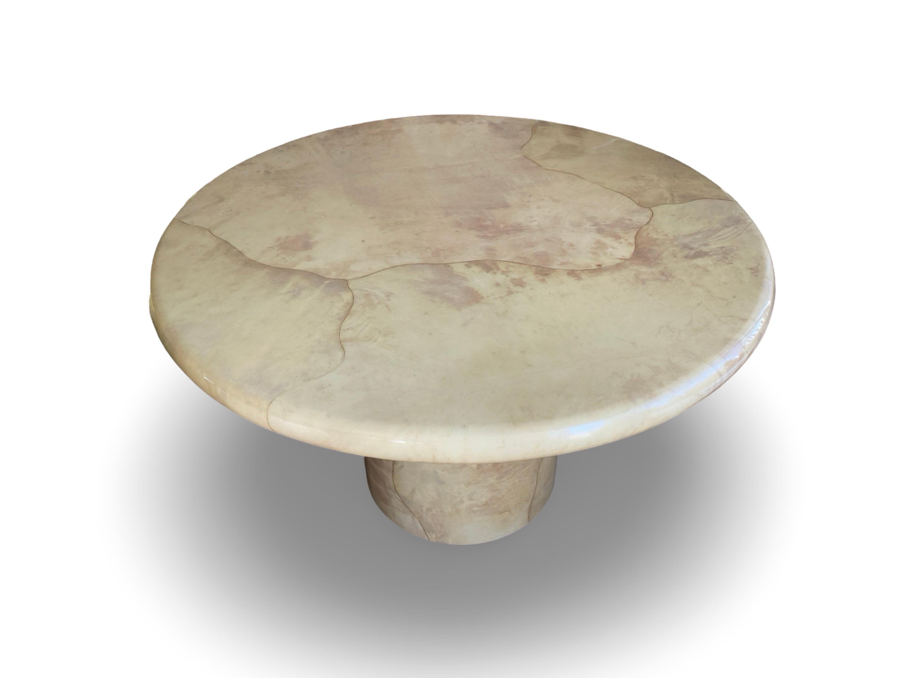 Hand-Crafted Iconic Modern Karl Springer Round Bullnose Goatskin Dining or Game Table For Sale