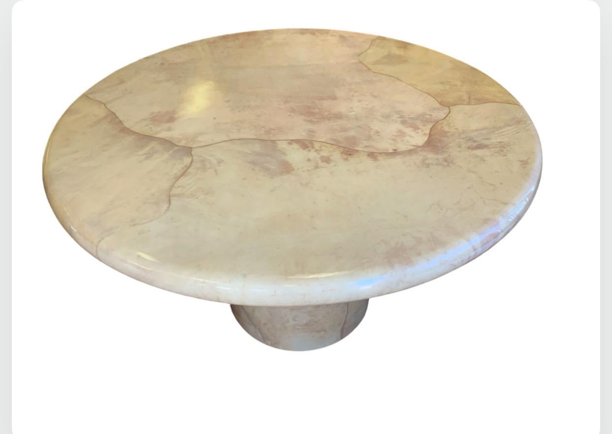 Iconic Modern Karl Springer Round Bullnose Goatskin Dining or Game Table In Good Condition For Sale In Palm Springs, CA