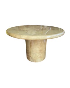 Icónica mesa de comedor o de juego moderna Karl Springer redonda de piel de cabra alomada