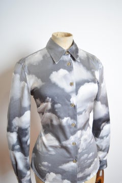 Iconic Moschino 1990s Grey Sky Cloud pattern print fitted long sleeve shirt