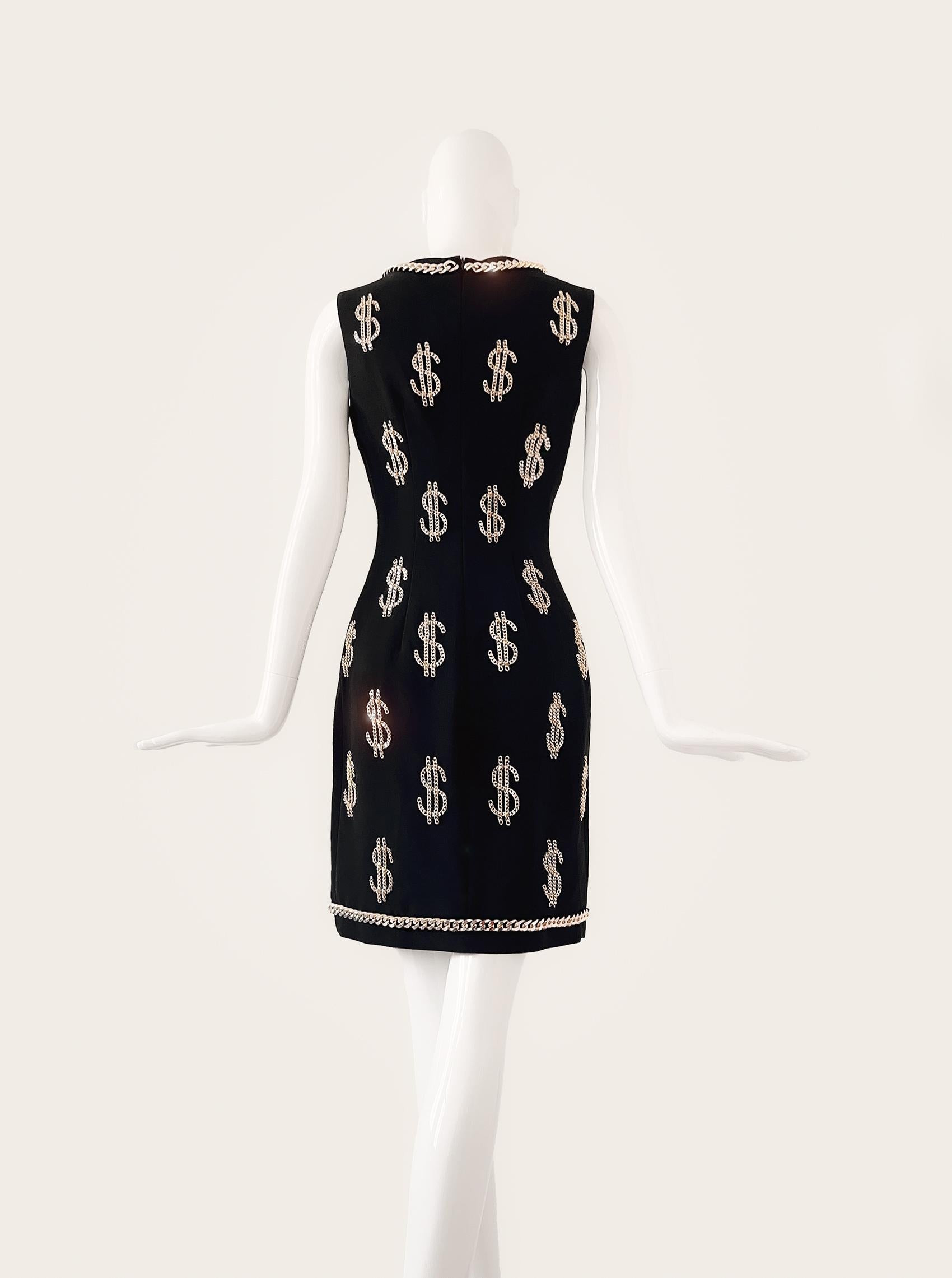 Noir Iconique MOSCHINO Couture Dollar Sign Ensembe Black Dress Jacket Gold Chain Set  en vente