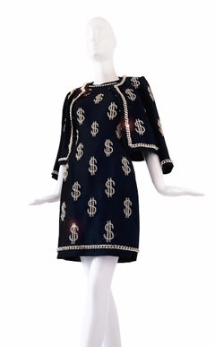 Iconic MOSCHINO Couture Dollar Sign Ensembe Black Dress Jacket Gold Chain Set