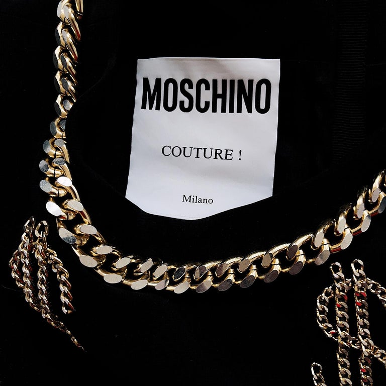 Iconic MOSCHINO Couture Dollar Sign Ensembe Black Dress Jacket Gold Chain Set  For Sale 2