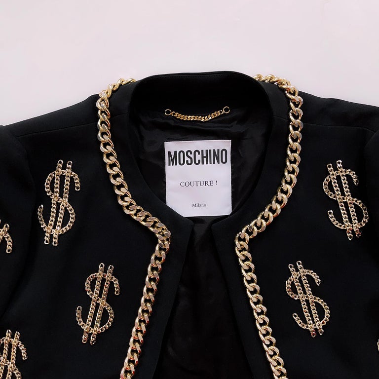 Iconic MOSCHINO Couture Dollar Sign Ensembe Black Dress Jacket Gold Chain Set  For Sale 3