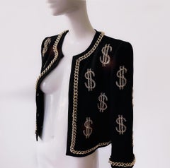 Iconic MOSCHINO Couture Dollar Sign Ensembe Black Dress Jacket Gold Chain Set