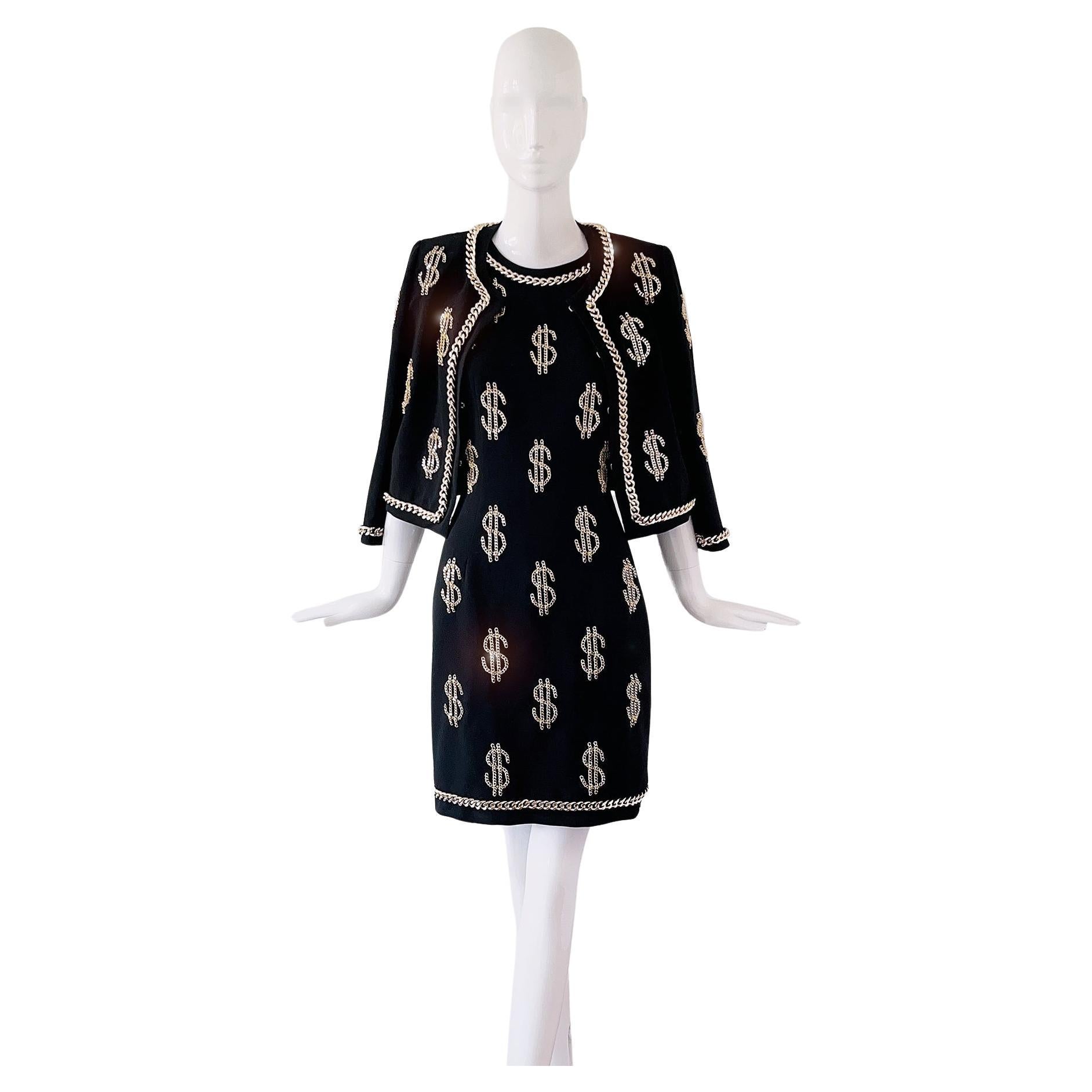 Iconique MOSCHINO Couture Dollar Sign Ensembe Black Dress Jacket Gold Chain Set 