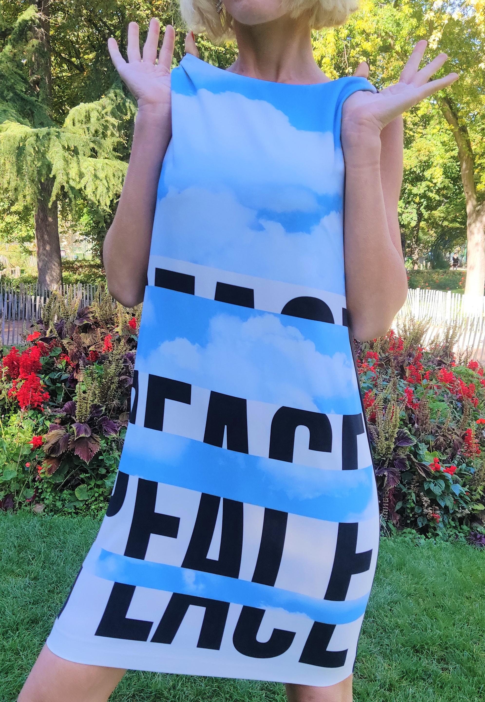 Iconic Moschino PEACE and STOP WAR Vintage 1990s 90s Blue Bird Pigeon Robe Dress For Sale 9