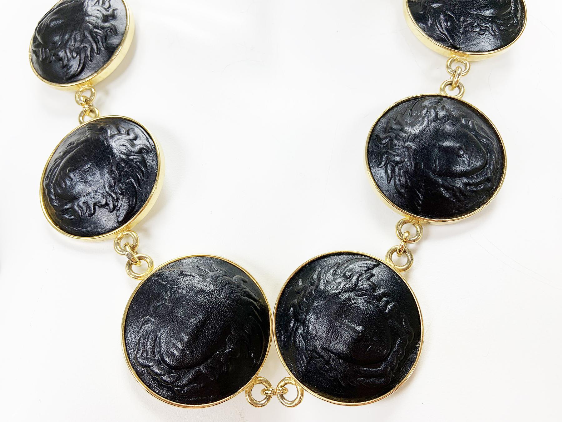 Iconic & New 1991 Gianni Versace Black Leather Gold Medusa Link Necklace / Belt  For Sale 1