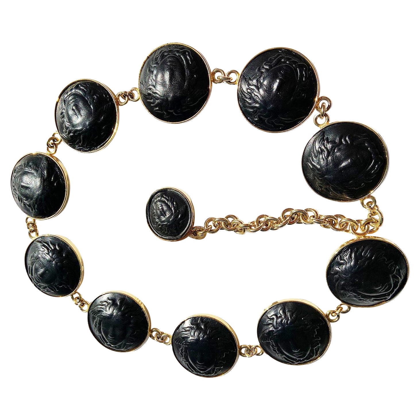 Iconico e nuovo 1991 Gianni Versace Collana / Cintura con Medusa in pelle nera e oro