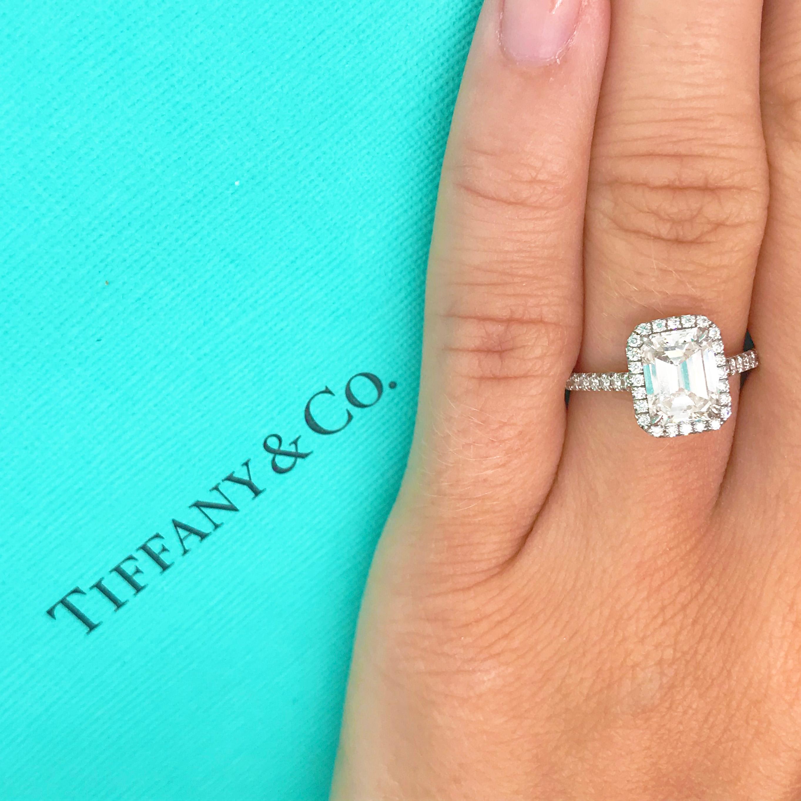 Stunning Tiffany & Co. original diamond ring! This Tiffany & Co. engagement ring has a genuine, natural emerald shape diamond set in a Tiffany & Co. four prong setting. This diamond comes with the original Tiffany & Co. diamond certificate and the