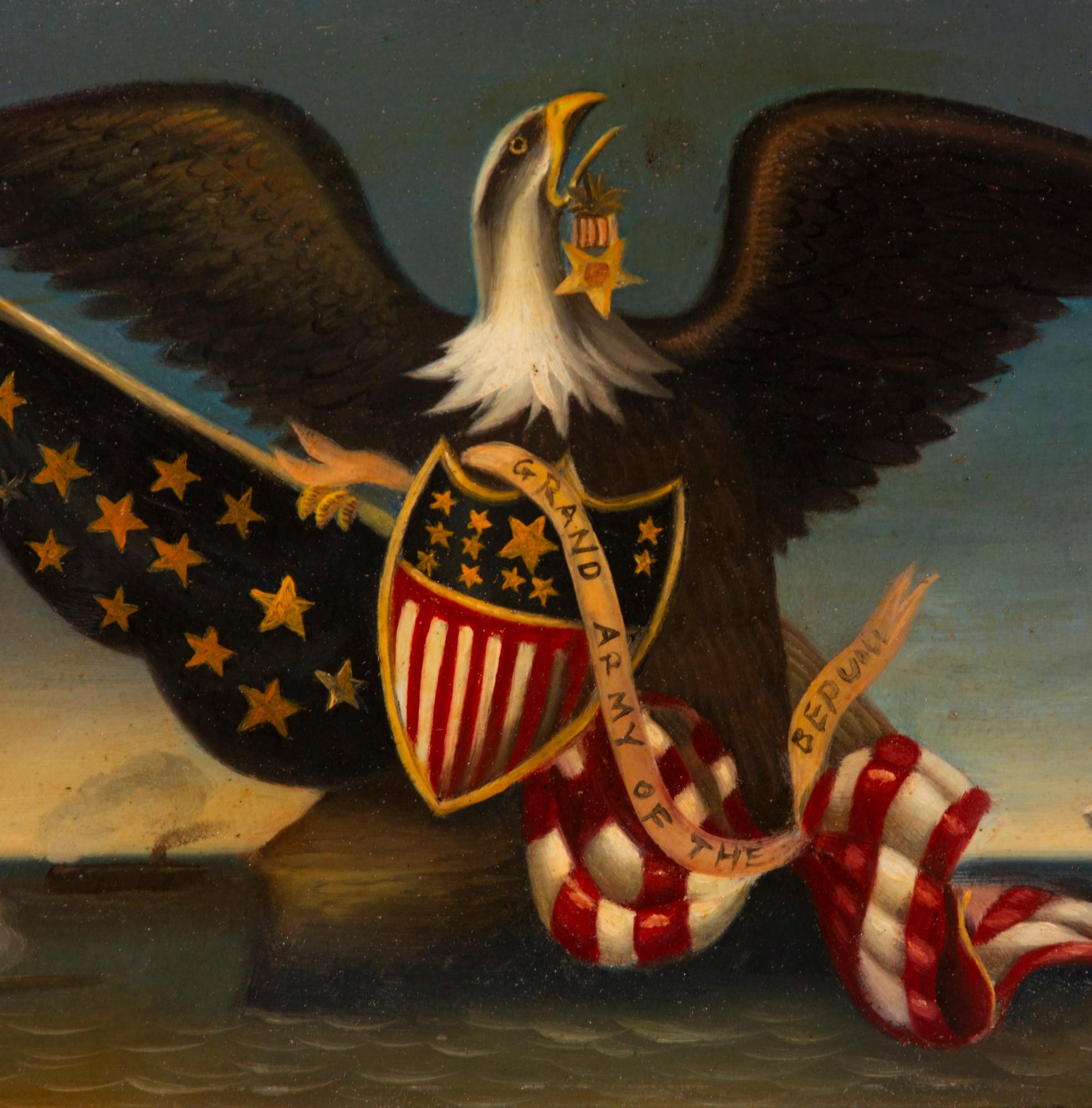 ICONIC PAINTING OF AN AMERICAN EAGLE BEFORE A CIVIL WAR NAVAL SCENE, WITH A GRAND ARMY OF THE REPUBLIC BADGE IN ITS BEAK, AN AMERICAN FLAG, AND A FEDERAL SHIELD, circa 1872-1890

Oil on artist’s board painting of a spread-winged American eagle,