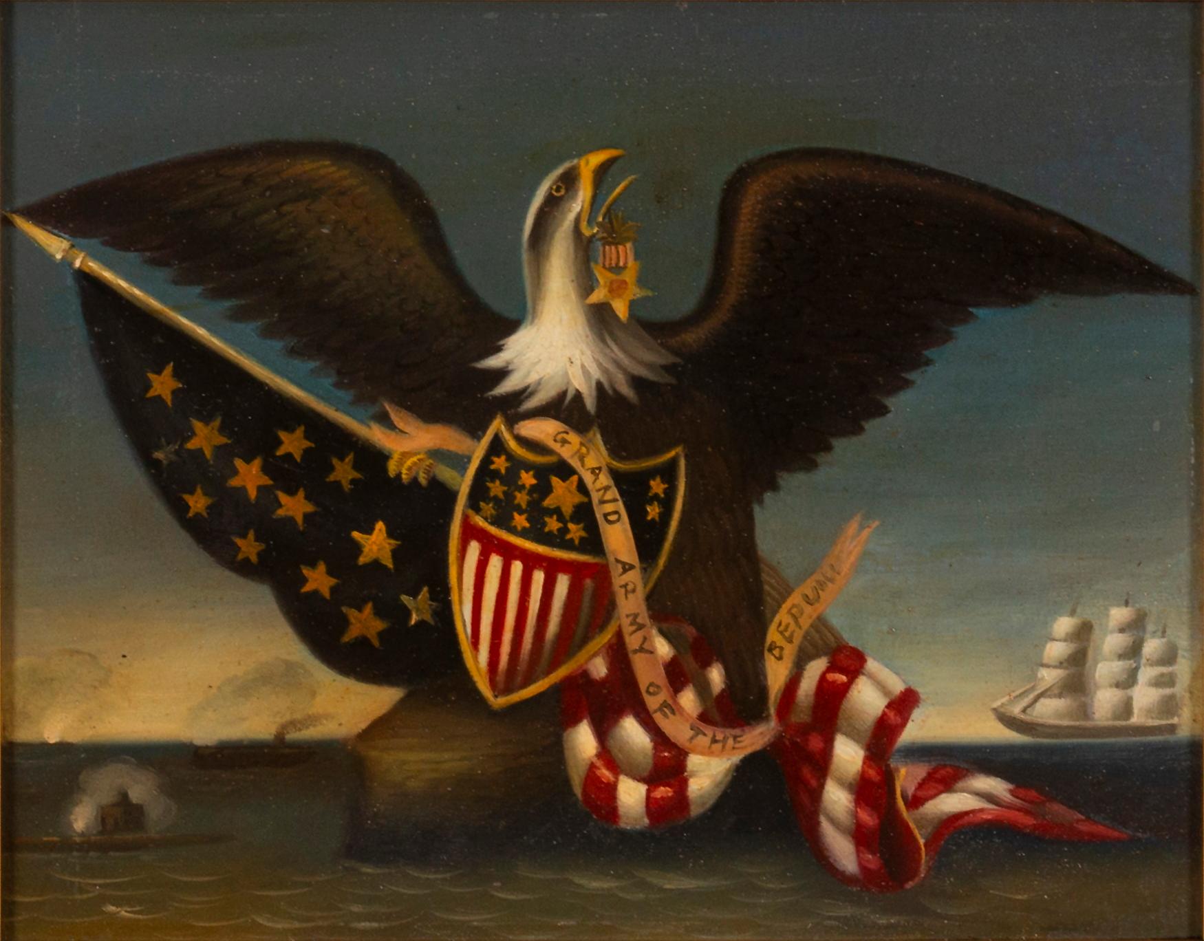 Iconic Painting of a American Eagle Before a Civil War Naval Scene, ca 1872-1890 In Good Condition In York County, PA