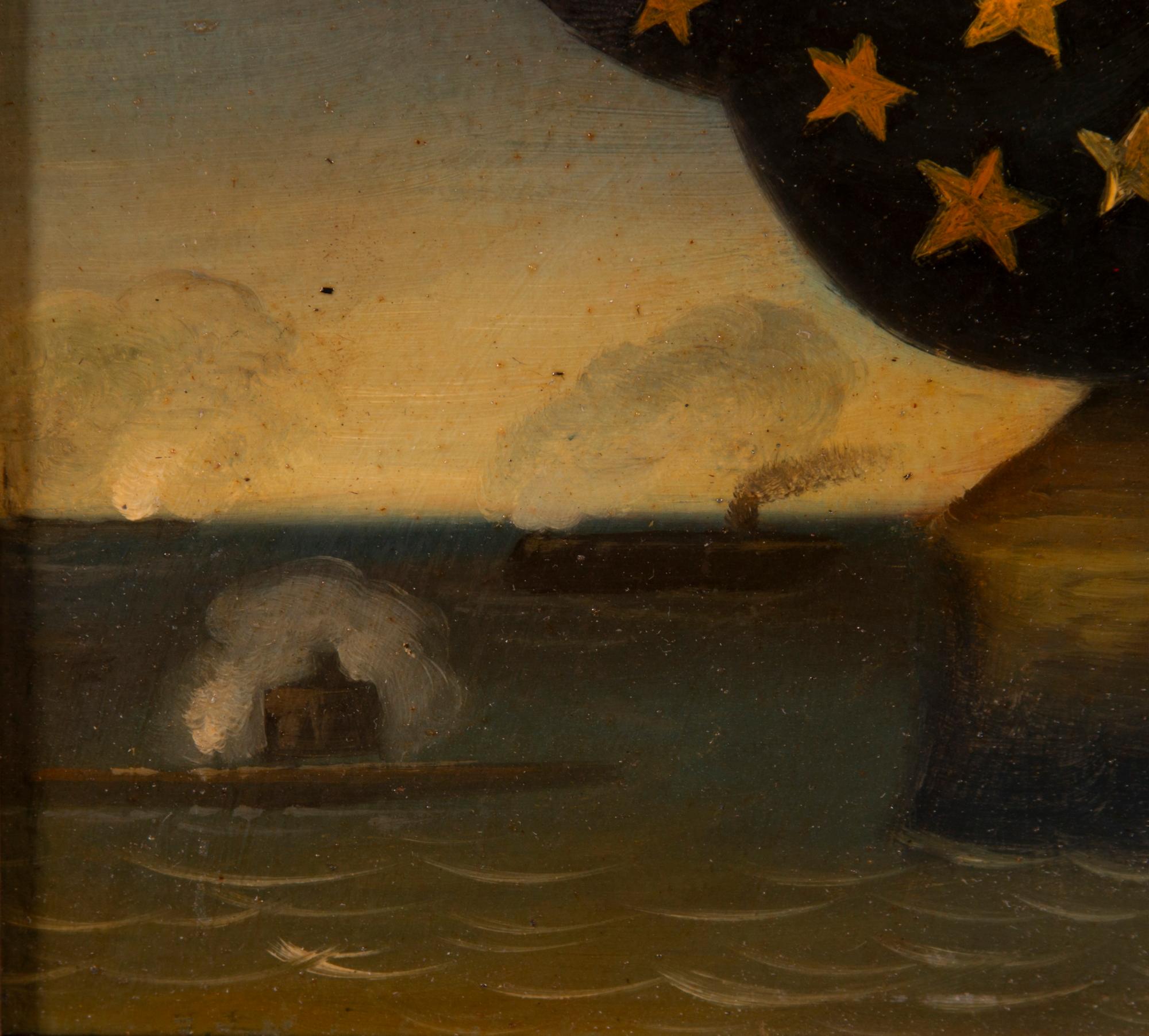 19th Century Iconic Painting of a American Eagle Before a Civil War Naval Scene, ca 1872-1890