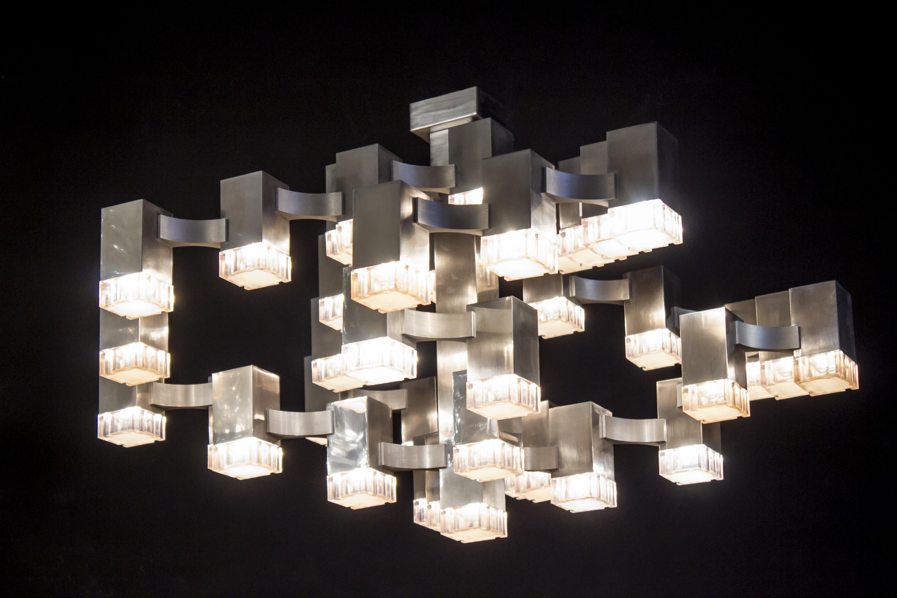 Brass Iconic Pair of Cubic Gaetano Sciolari Chandelier, Italy, 1970