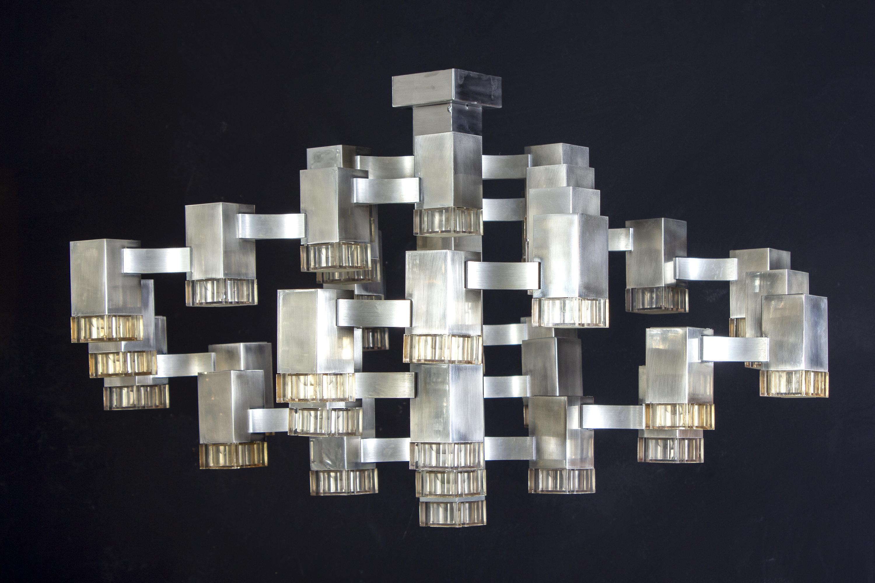 Iconic Pair of Cubic Gaetano Sciolari Chandelier, Italy, 1970 1