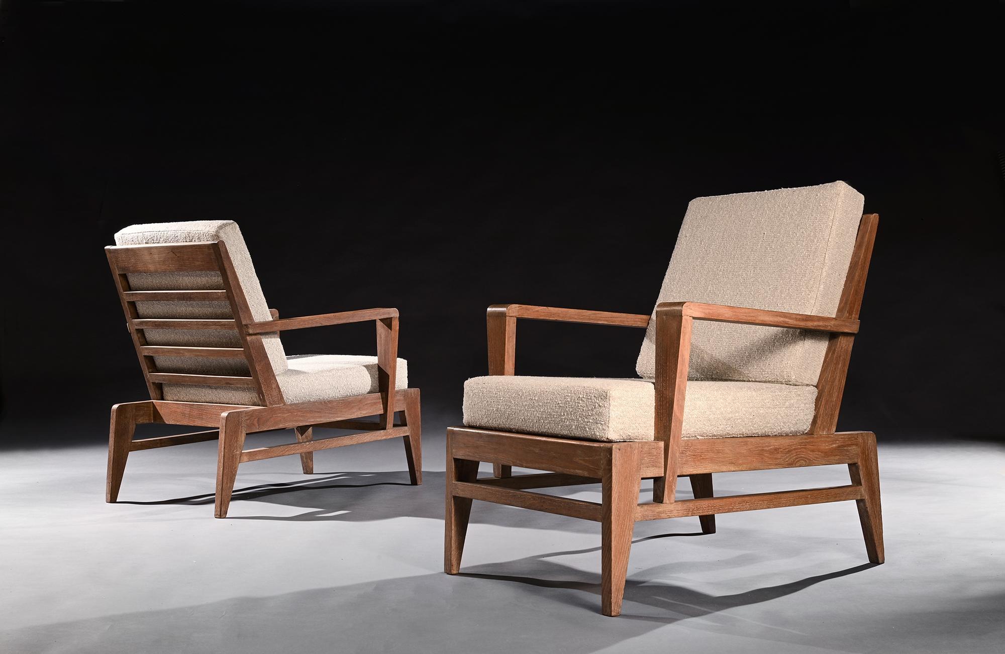 Wool Iconic Pair of Rene Gabriel Mid 20th Century Oak Lounge Chairs
