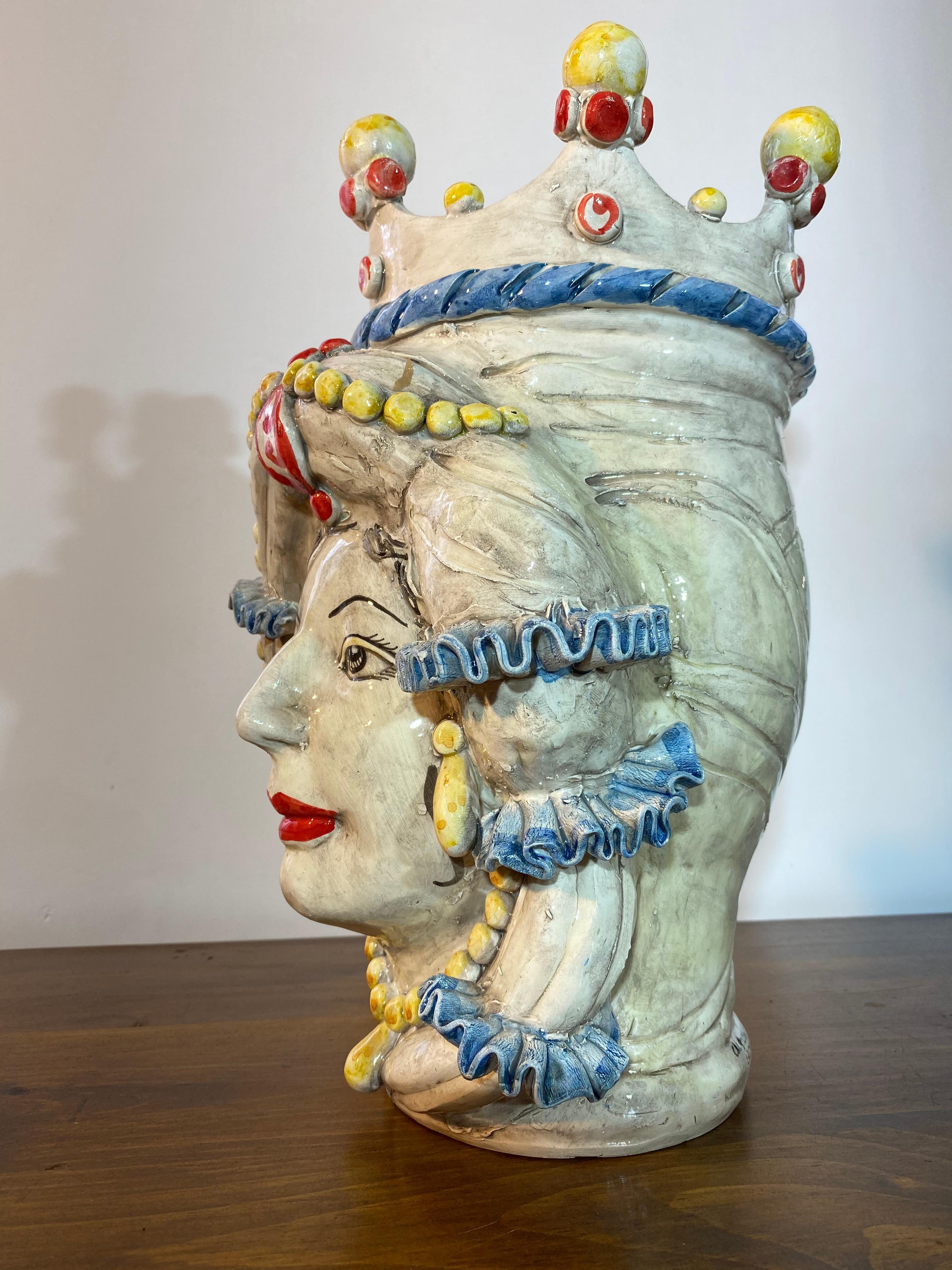 Hand-Crafted Iconic Pair of Sicilian Ceramic Heads from Caltagirone For Sale