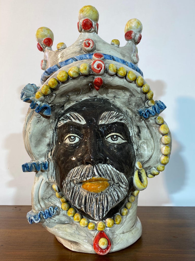 Iconic Pair of Sicilian Ceramic Heads from Caltagirone For Sale at