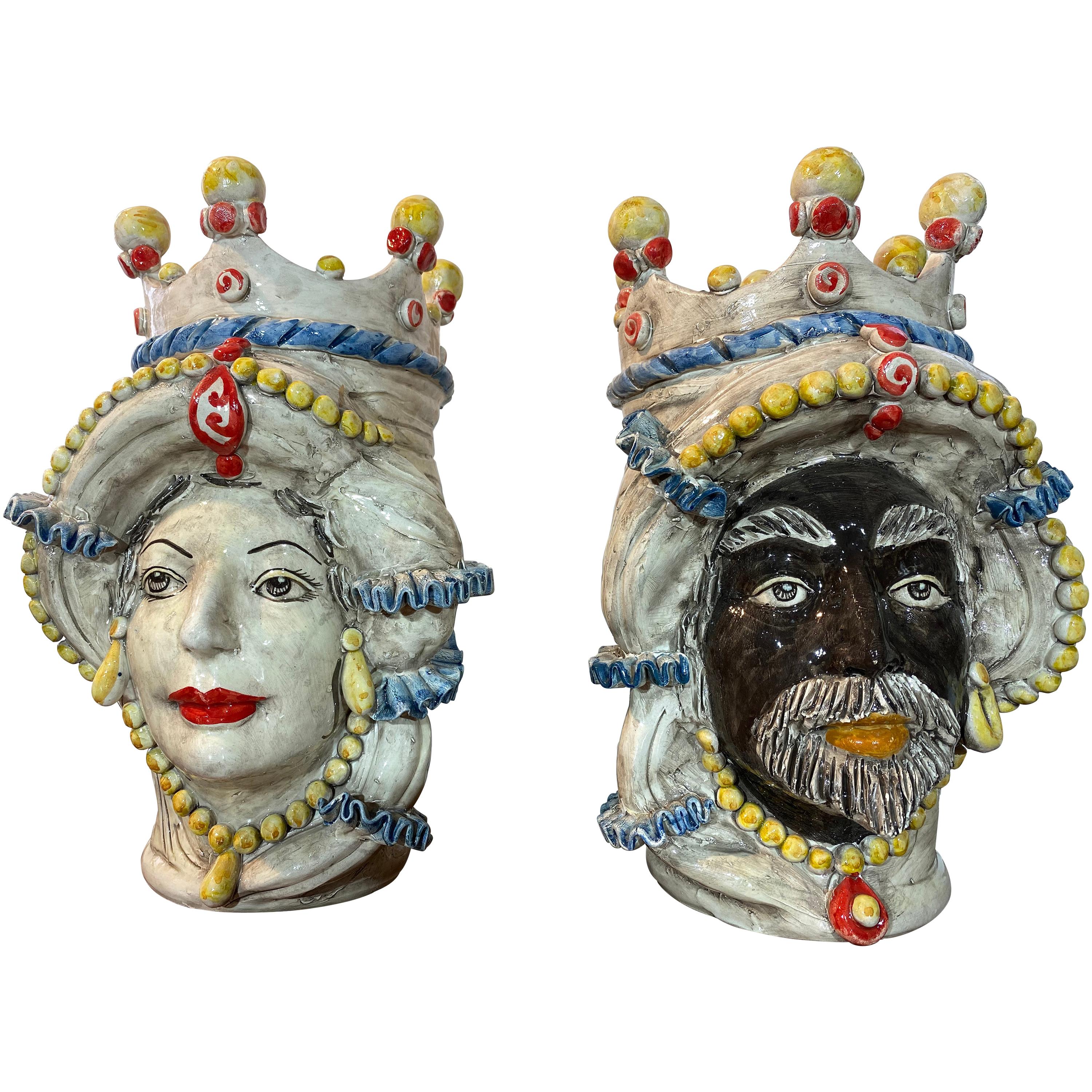 Iconic Pair of Sicilian Ceramic Heads from Caltagirone