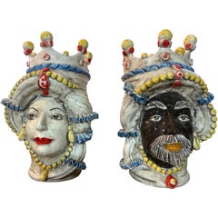 Vintage Iconic Pair of Sicilian Ceramic Heads from Caltagirone