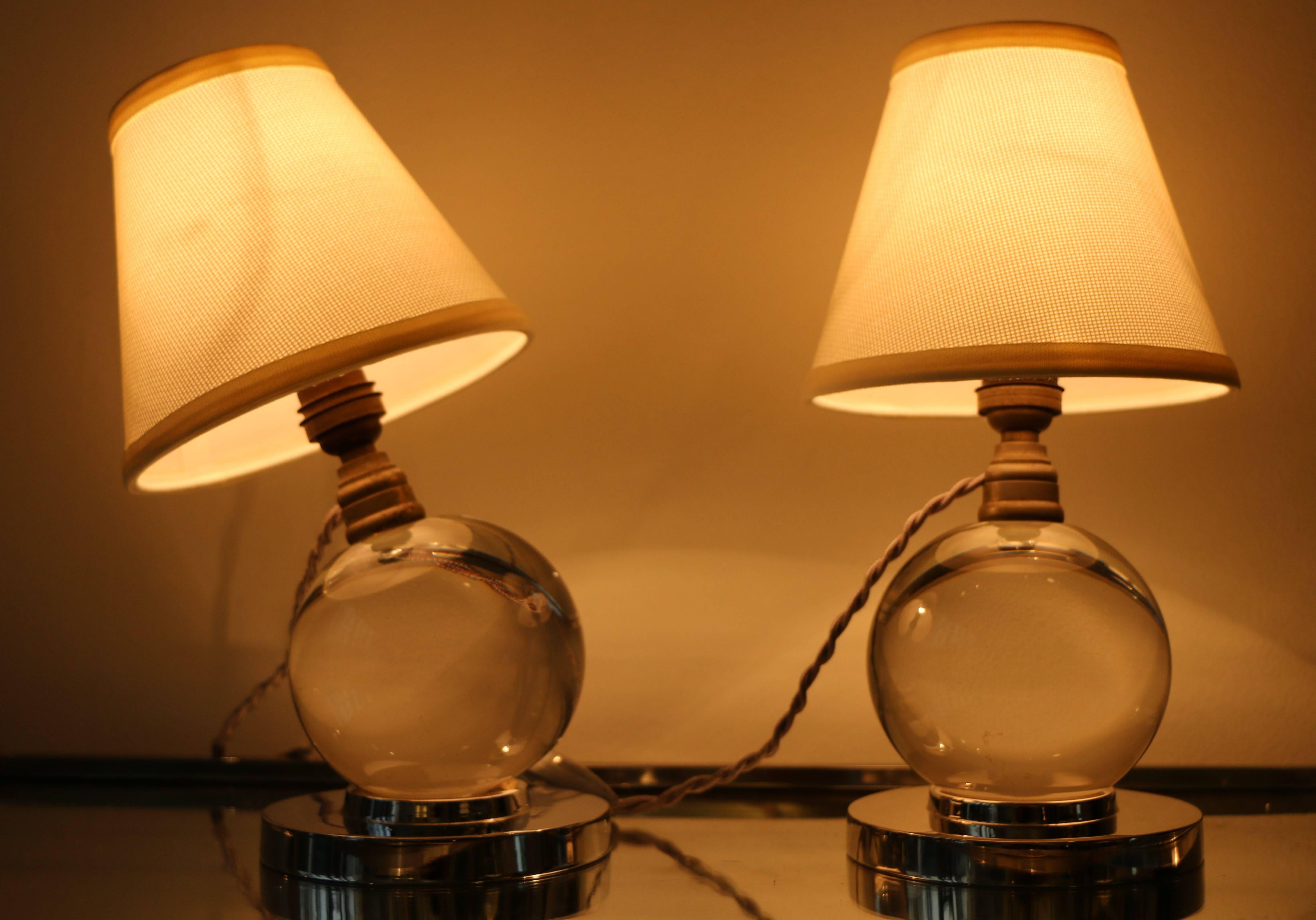 French Iconic Pair of Table Lamps by Jacques Adnet and Baccarat, Art Deco, 1930s