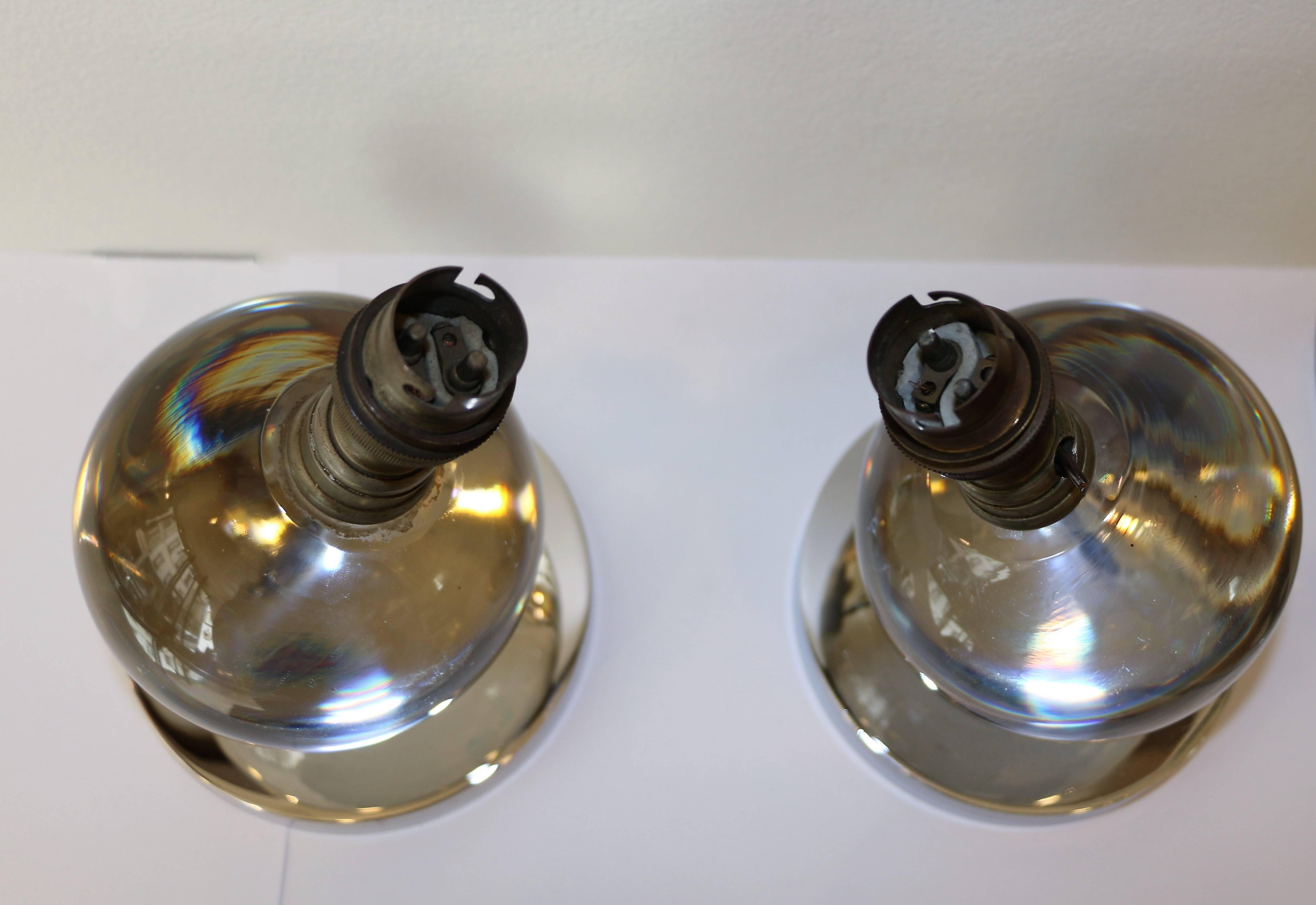 Metal Iconic Pair of Table Lamps by Jacques Adnet and Baccarat, Art Deco, 1930s