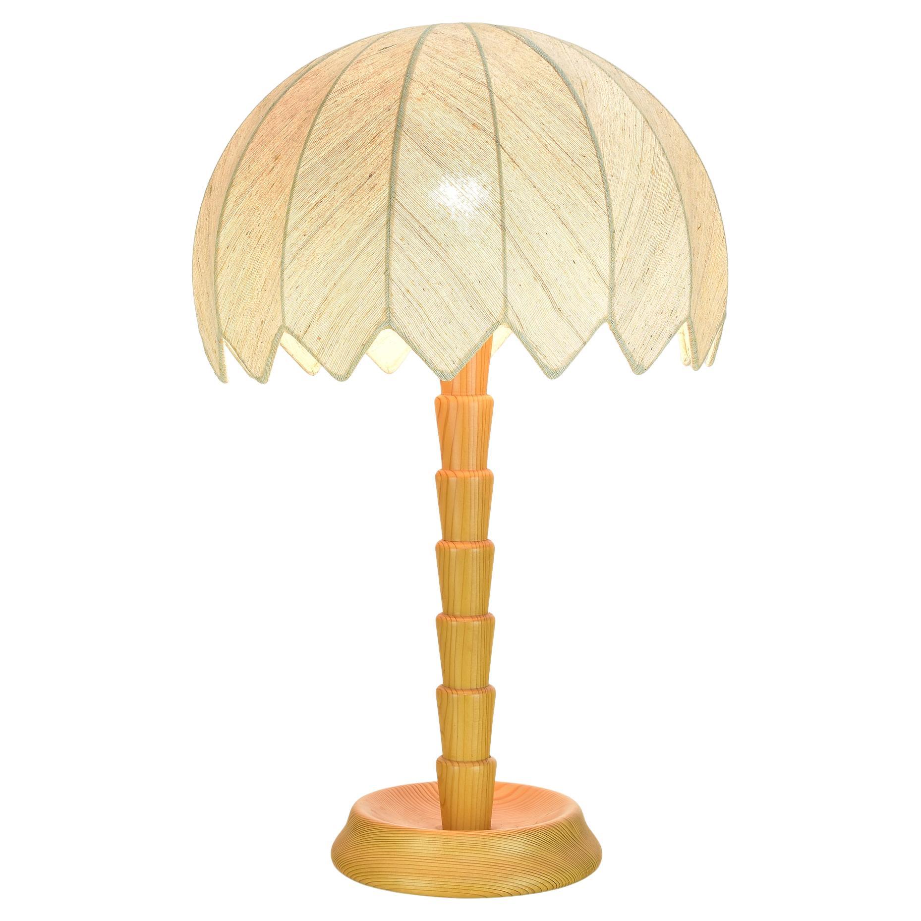 Iconic "Palm" XL Table Lamp Pine Wood & Natural Silk Shade Temde 1960s Boho Tiki