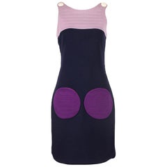 Iconic Pierre Cardin Navy & Purple Colorblock Wool Tabard Dress w/Side Slits