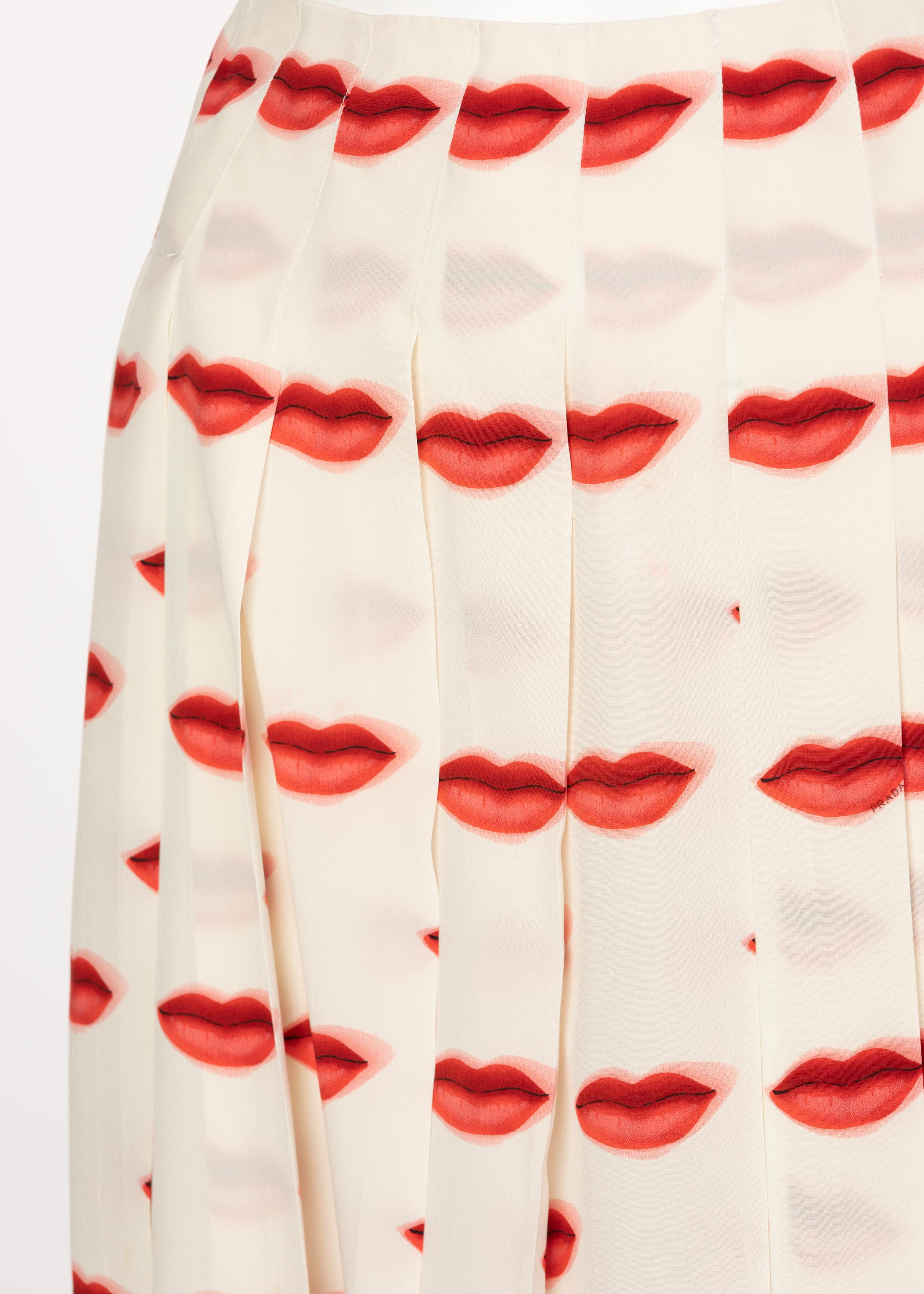 Women's Iconic Prada Red Lip Print Pleated Skirt, Spring 2000