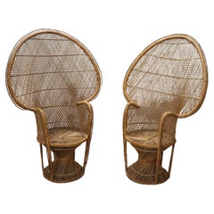 Retro Iconic Rattan and Bamboo Emmanuelle Wicker Peacock Pair of Armchairs, 1970s