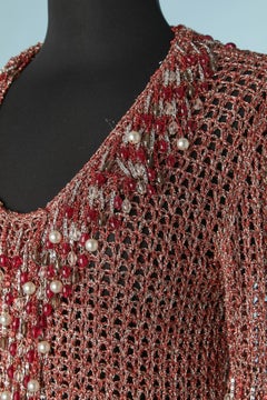 Iconic red and silver lurex knit with  fringes and beads Loris Azzaro Circa 1970