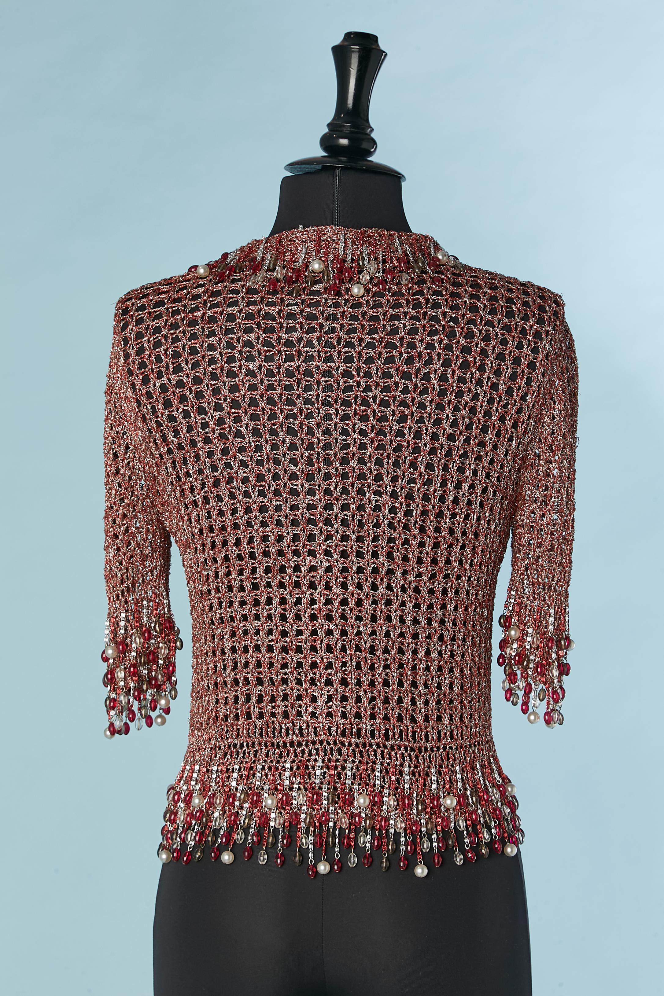 Iconic red and silver lurex knit with  fringes and beads Loris Azzaro Circa 1970 For Sale 1