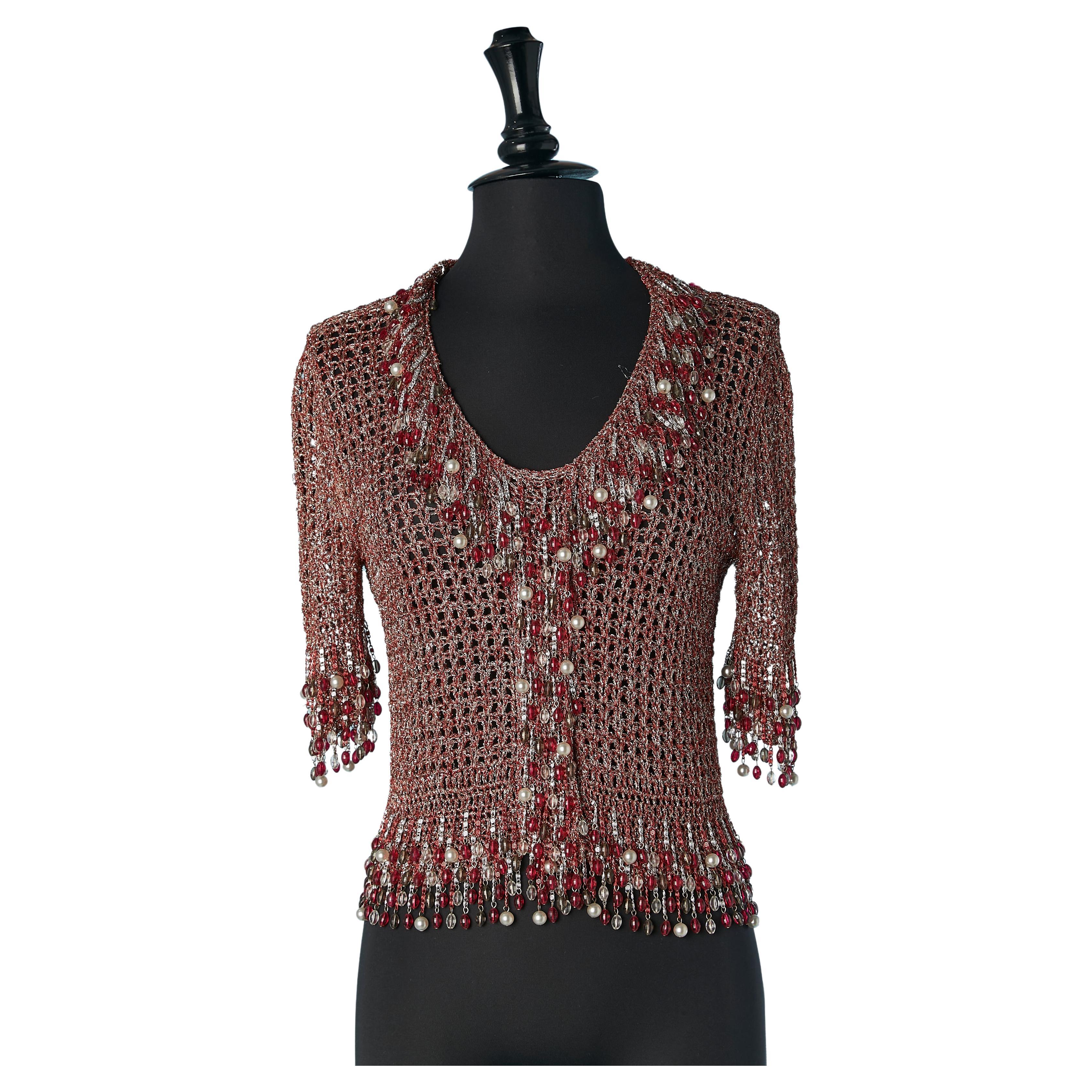 Iconic red and silver lurex knit with  fringes and beads Loris Azzaro Circa 1970 For Sale