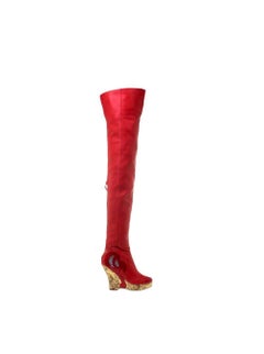Chanel Red Thigh High Leather CC Logo Intarsia Wedge High Heeled Boots