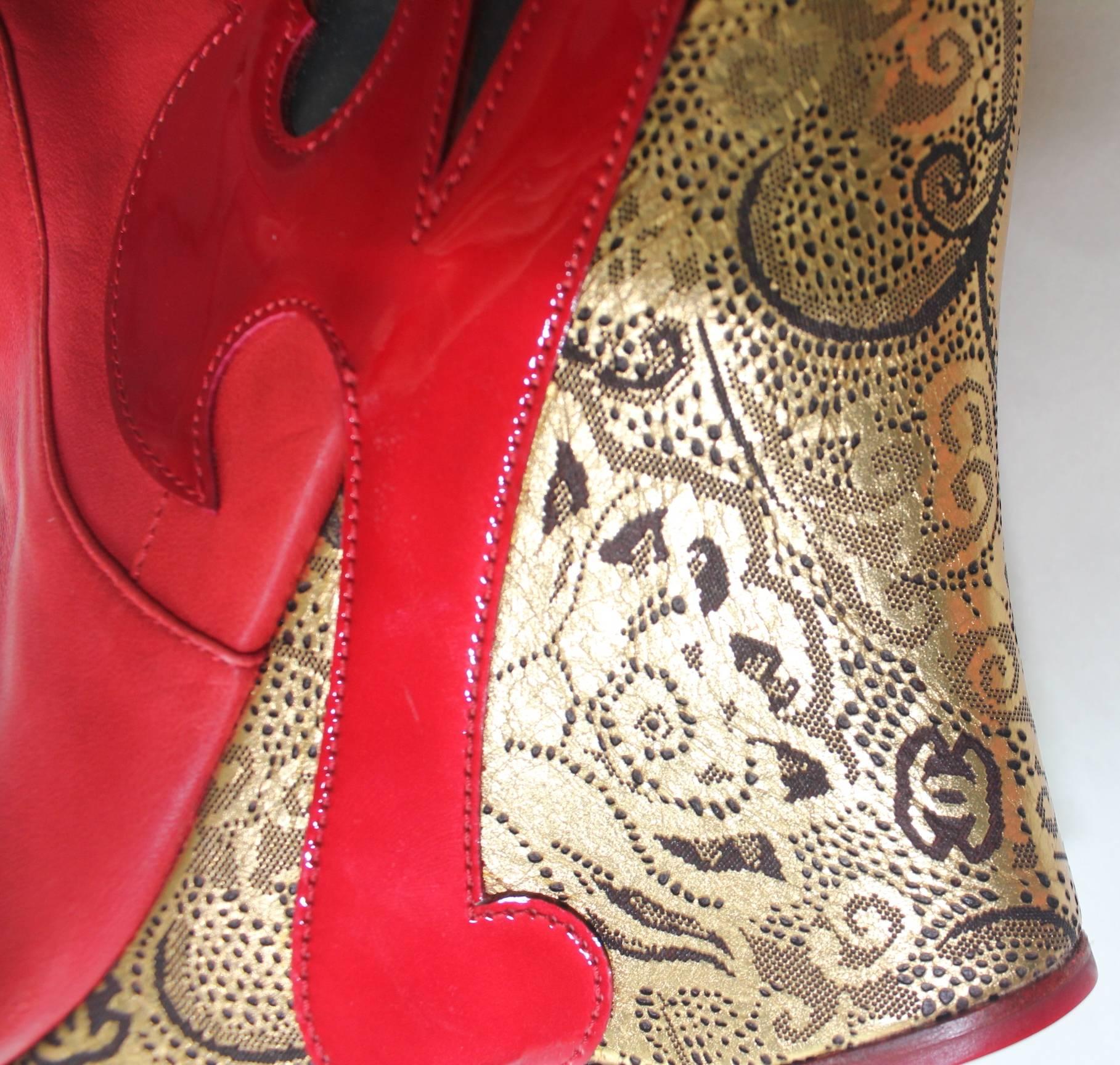 Chanel Red Thigh High Leather CC Logo Intarsia Wedge High Heeled Boots In New Condition In Switzerland, CH