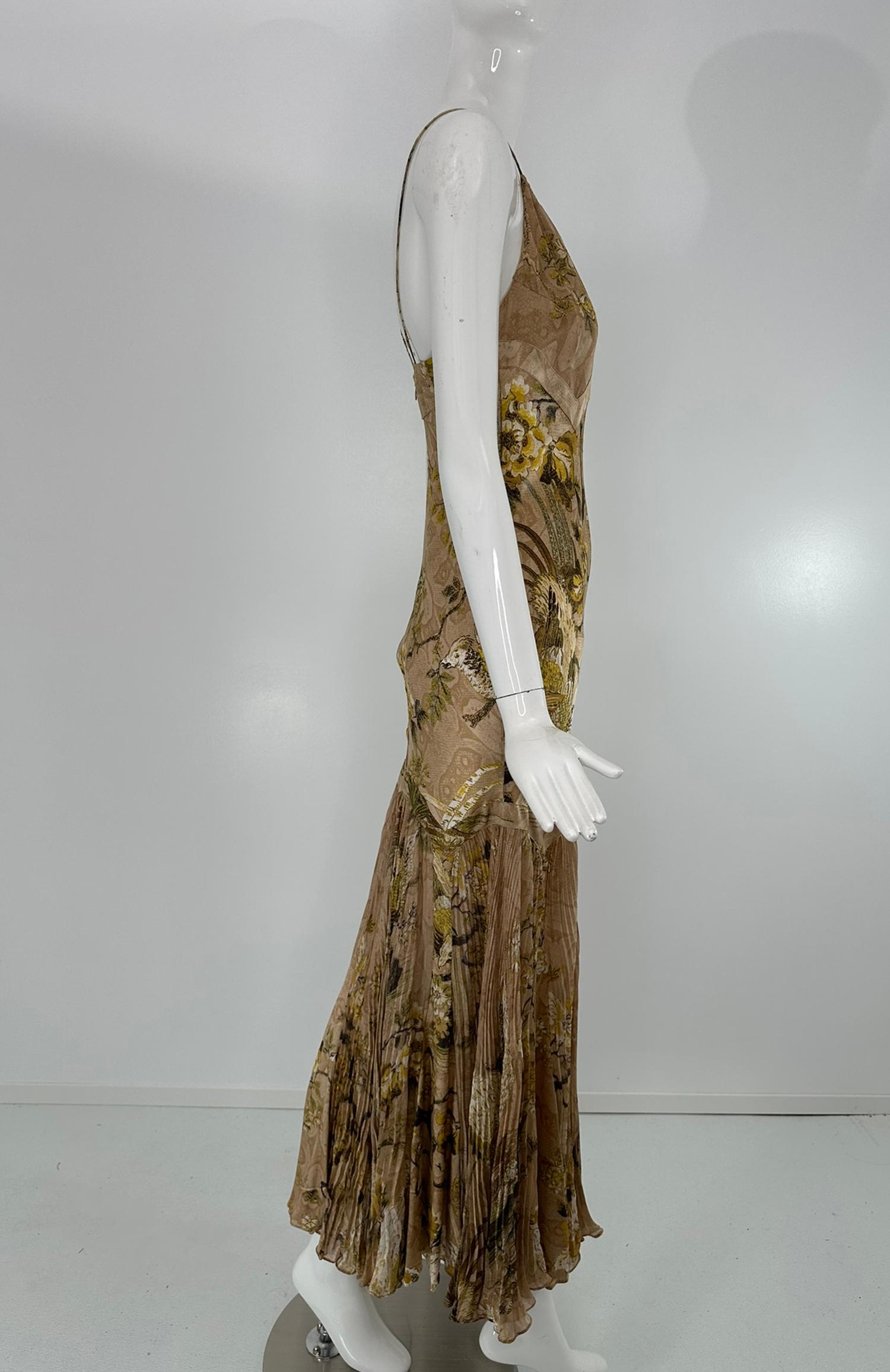 Iconico abito Roberto Cavalli A/I 2006 in seta dorata con scollo a V e orlo plissettato in vendita 1