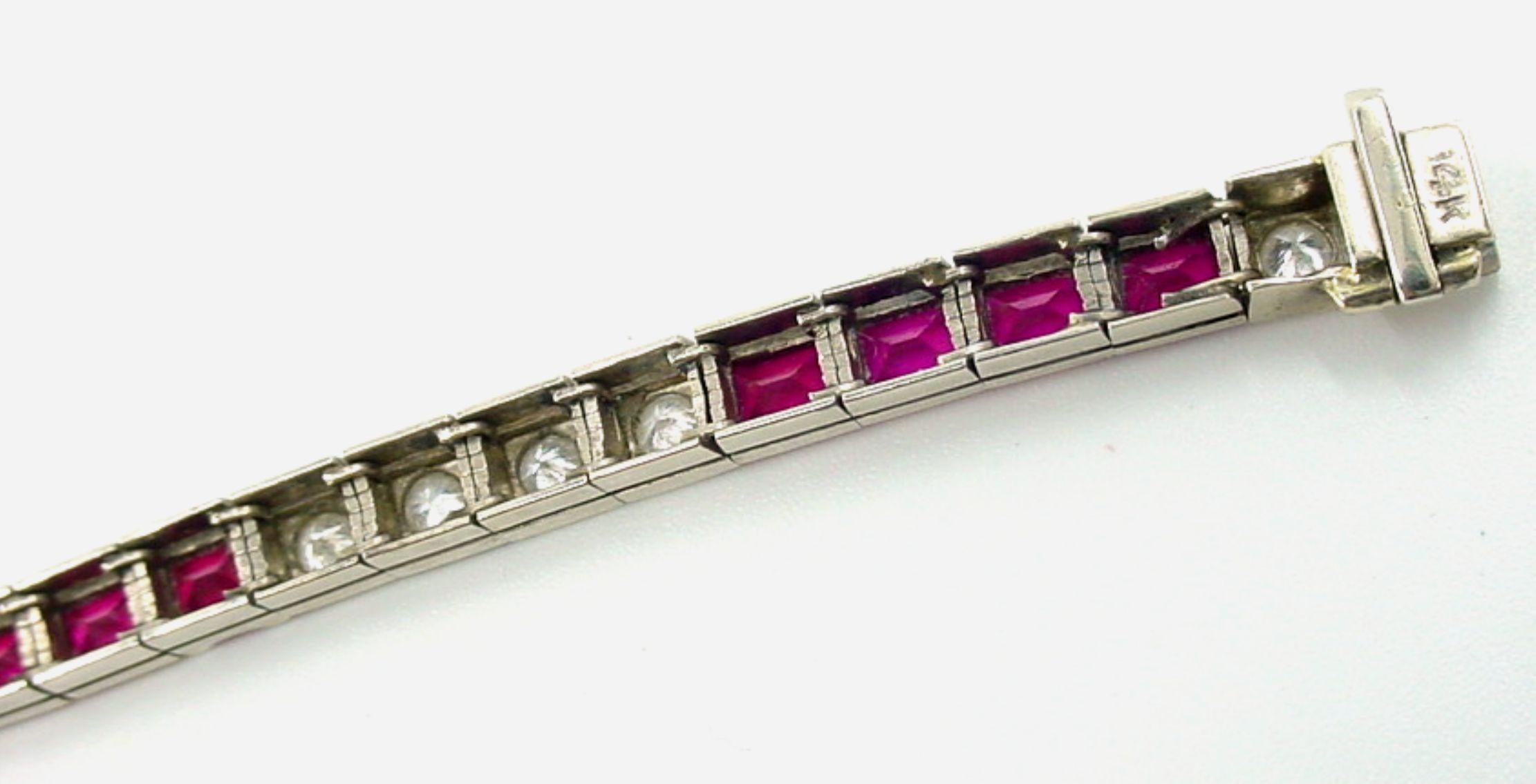 Iconic Ruby Diamond Art Deco 14k White Gold Strap Line Bracelet For Sale 5