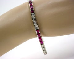 Iconic Ruby Diamond Art Deco 14k White Gold Strap Line Bracelet