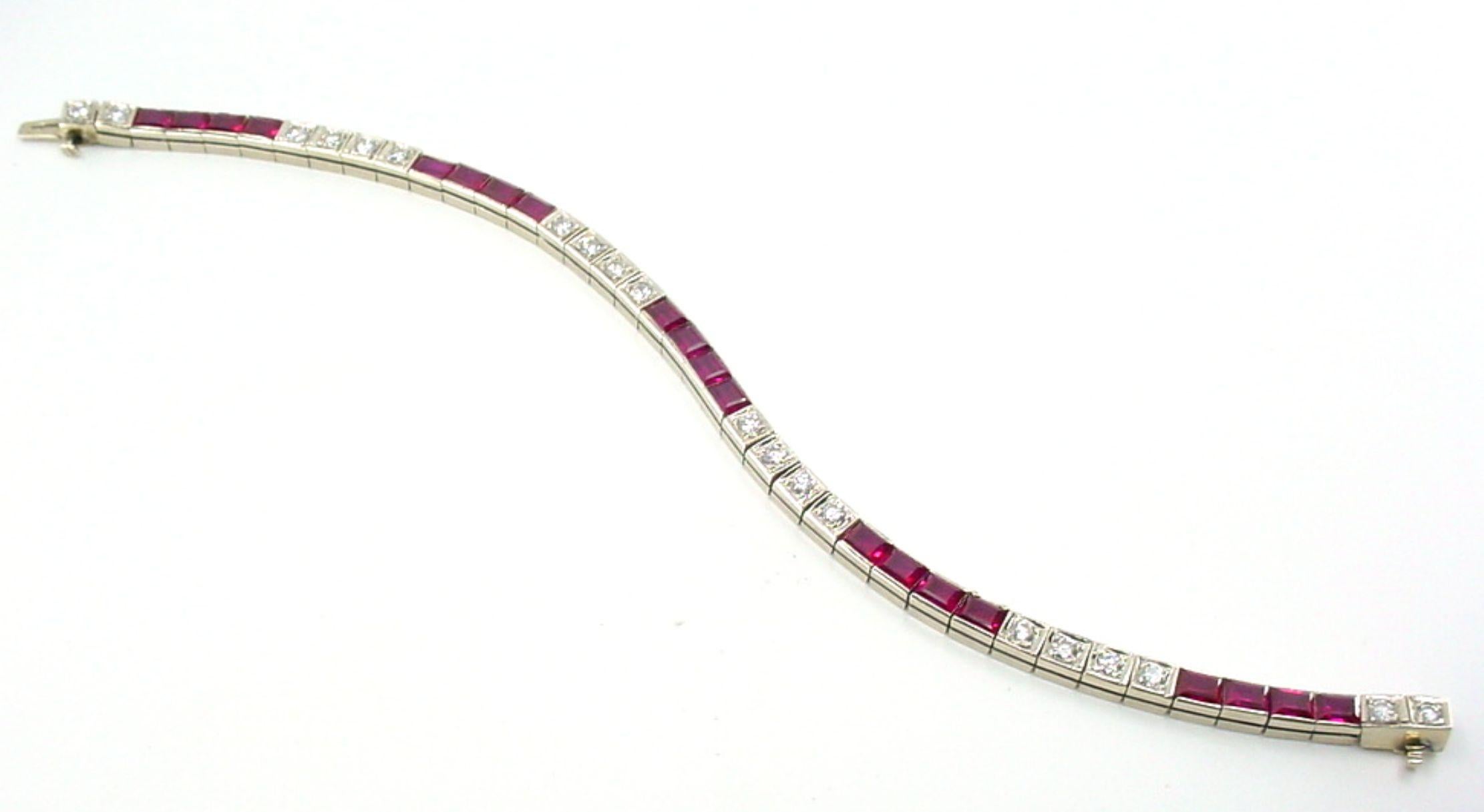 Women's or Men's Iconic Ruby Diamond Art Deco 14k White Gold Strap Line Bracelet For Sale