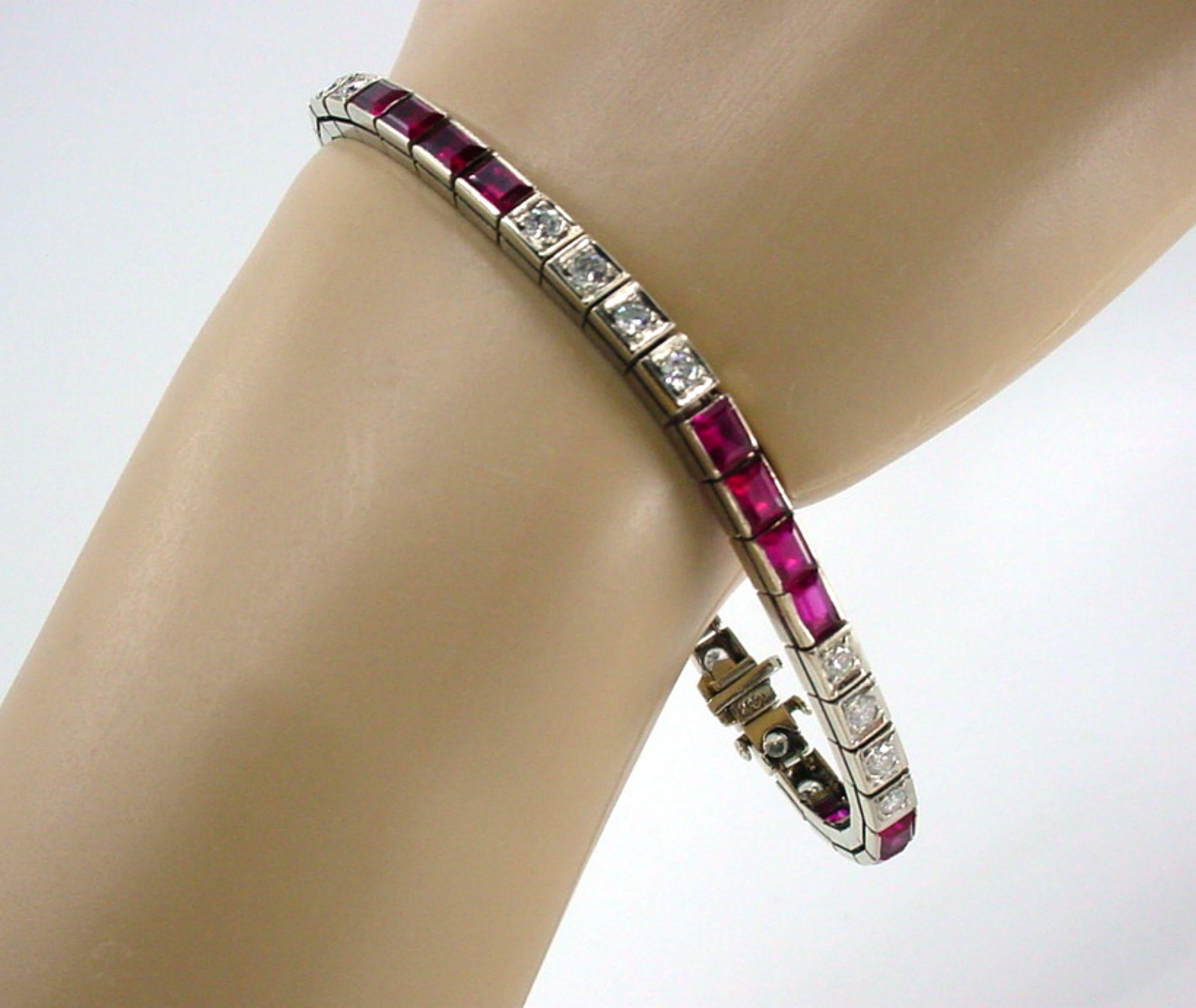 Iconic Ruby Diamond Art Deco 14k White Gold Strap Line Bracelet For Sale 2