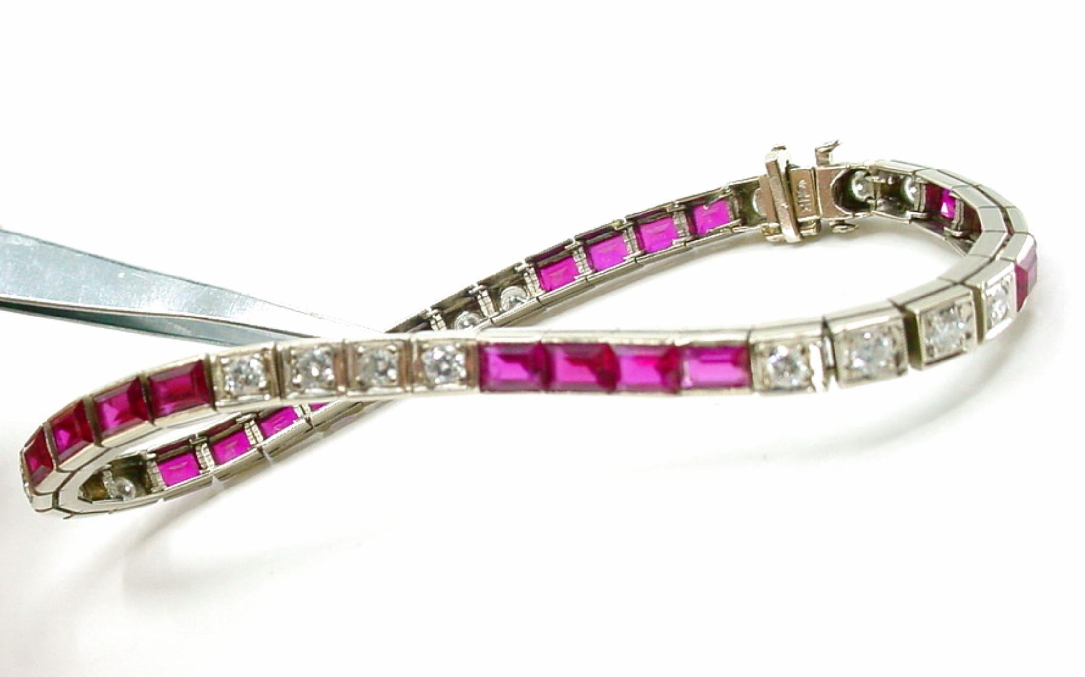 Iconic Ruby Diamond Art Deco 14k White Gold Strap Line Bracelet For Sale 4