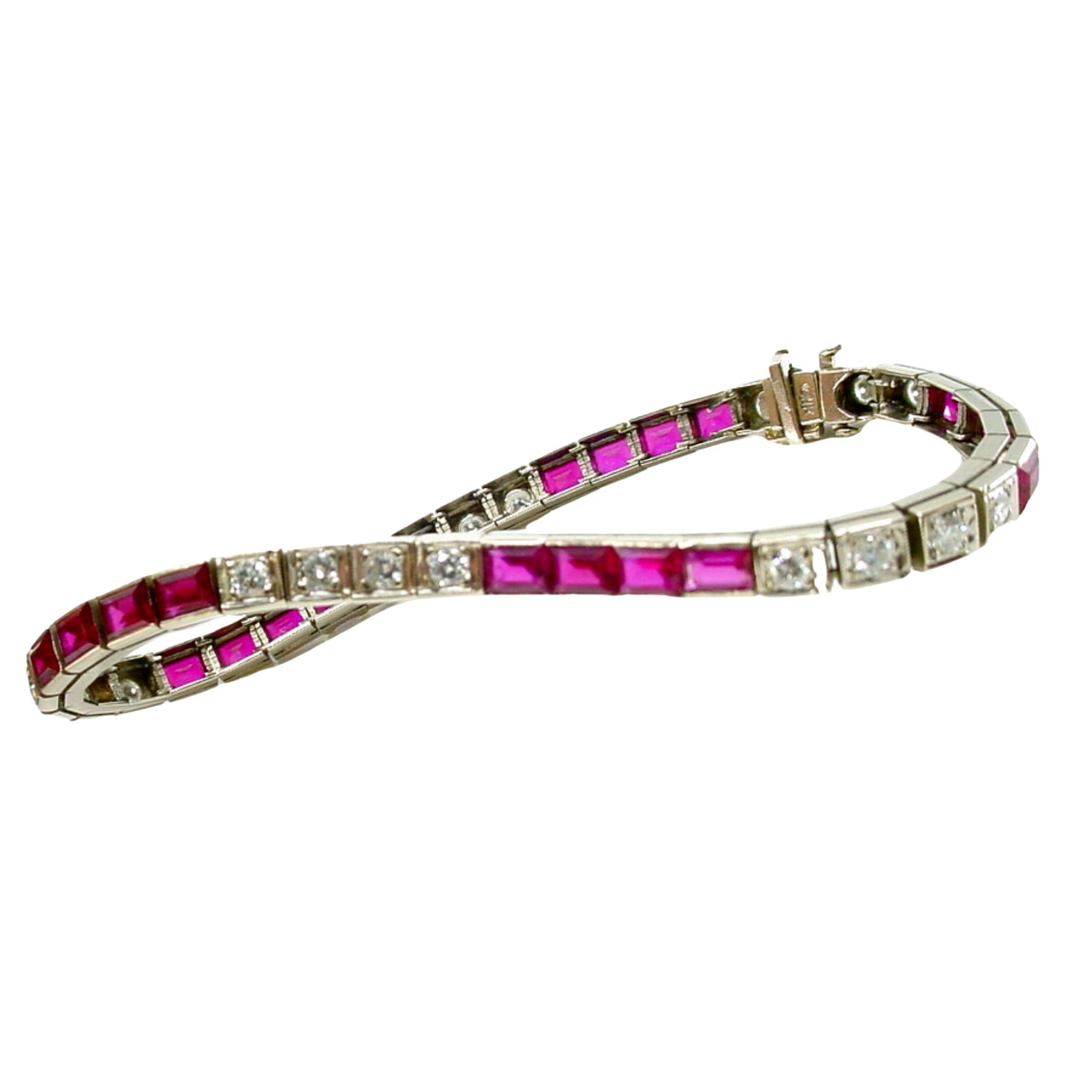 Iconic Ruby Diamond Art Deco 14k White Gold Strap Line Bracelet